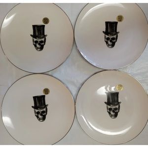 4 Harvest Green Studio Dinner Plates Halloween Skull Face Top Hat 10.5" England